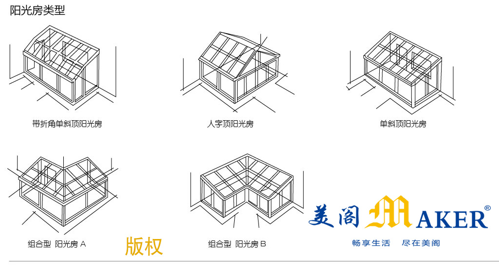 阳光房,阳光房类型,斜顶阳光房，造型顶阳光房，组合顶阳光房，特殊顶阳光房